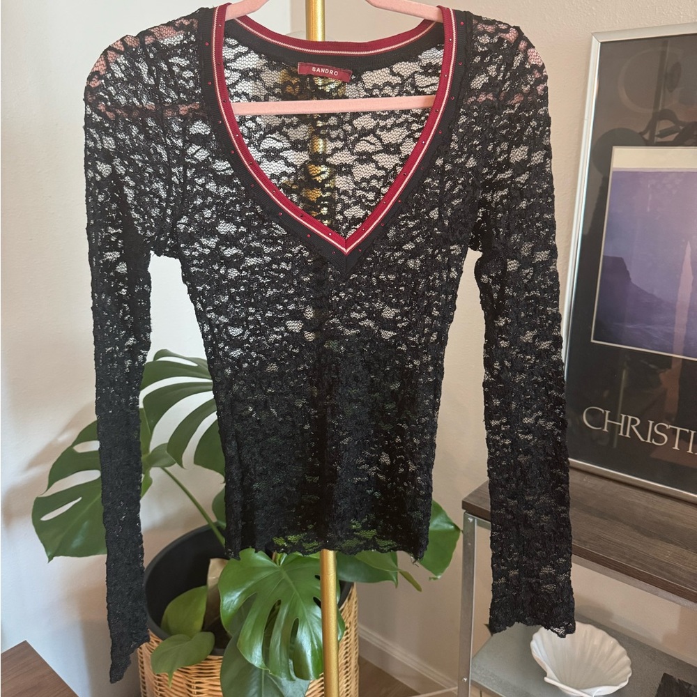 Sandro Black Sheer Lace V-Neck Top